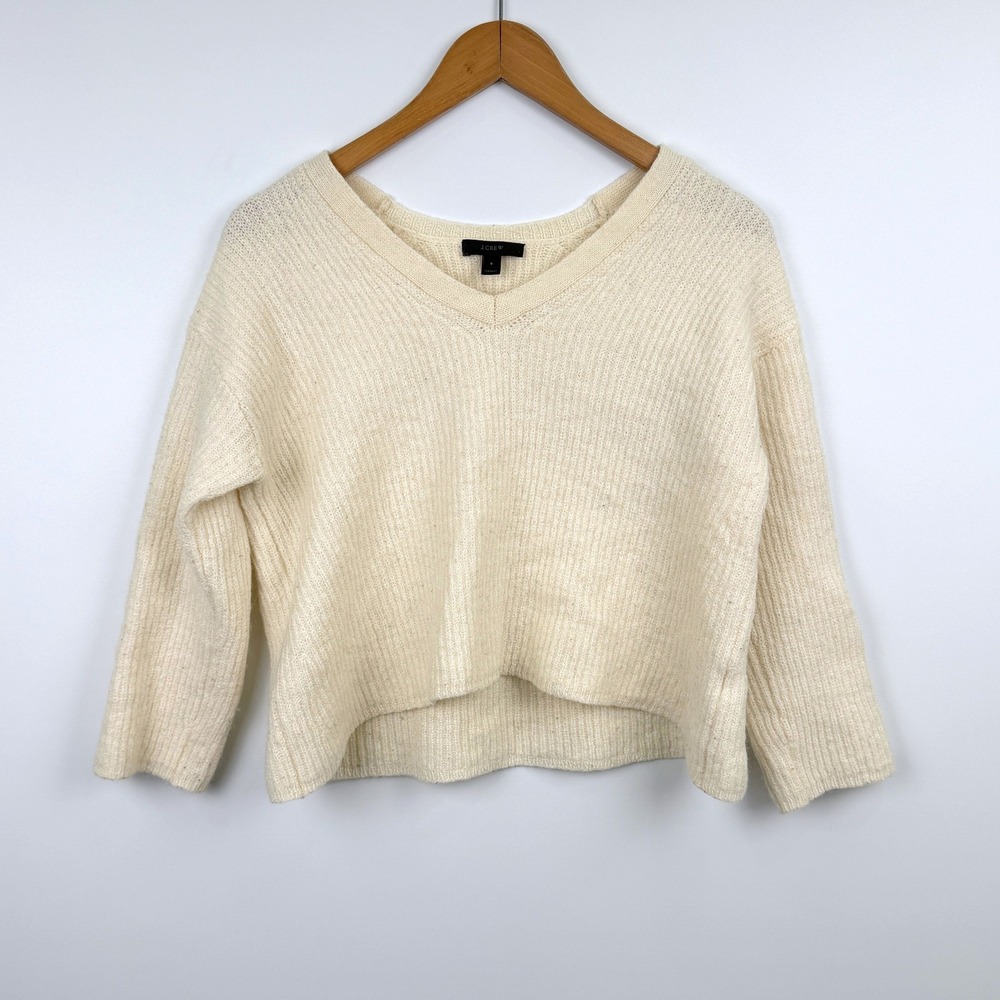 J.Crew Sweater Womens S Ivory Alpaca Wool Blend V-Neck Ribbed Knit Hi-Low Hem